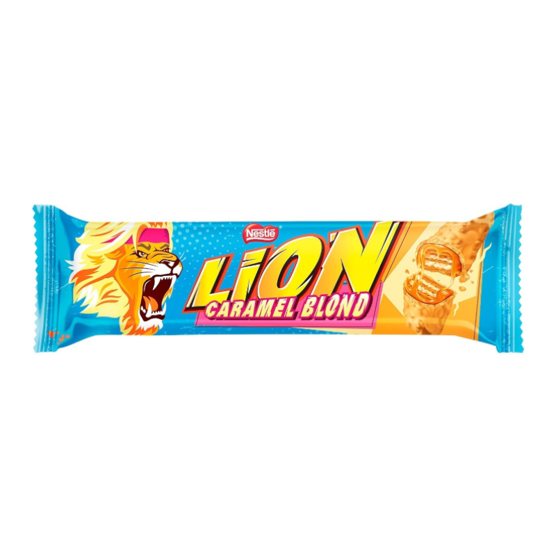 Front of Lion Bar Caramel Blond packaging featuring a roaring lion logo, caramel blond flavour details, and a 40g size indication.