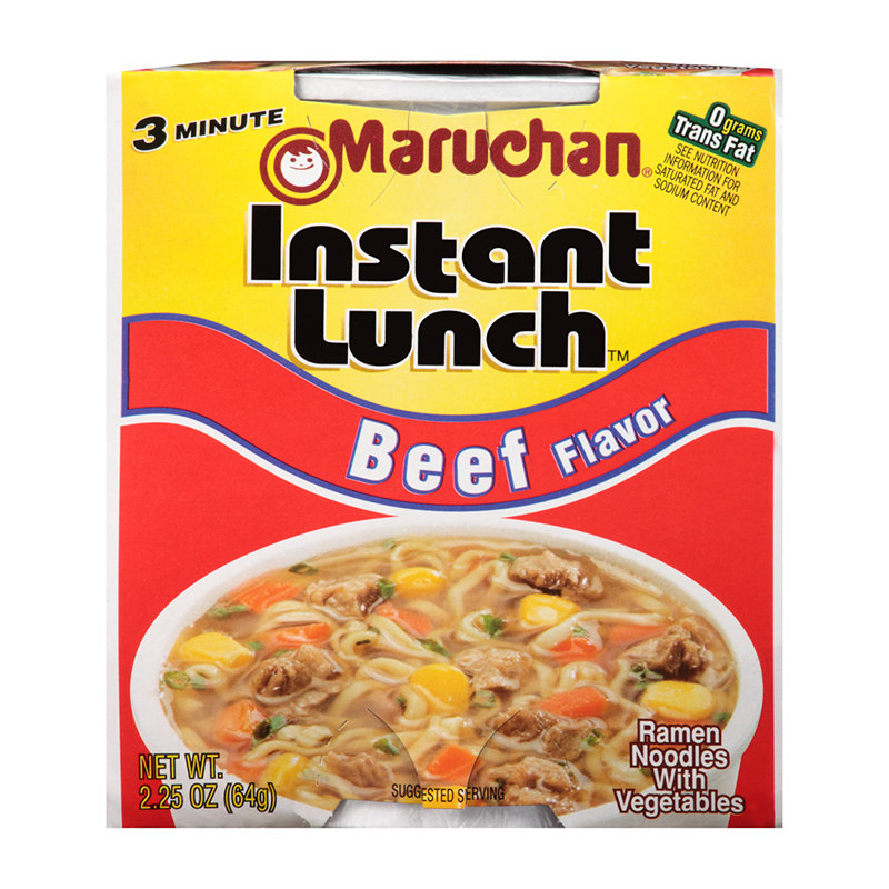Front of Maruchan Beef Flavour Instant Lunch Ramen Noodles package displaying the logo, beef flavour, and serving suggestion (64g pack)