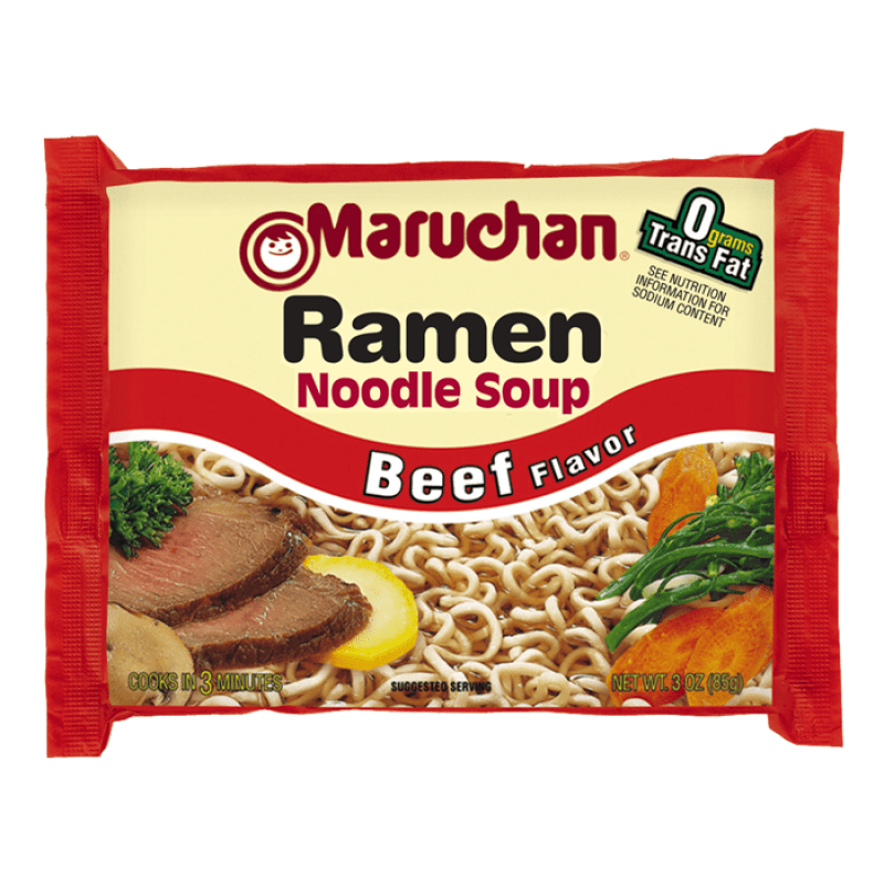 Front of Maruchan Beef Flavour Ramen Noodles package showing logo, beef flavour label, and image of noodles (85g pack)