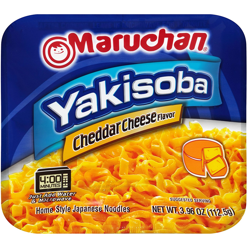 Front of Maruchan Cheddar Cheese Flavour Yakisoba Noodles package showing blue logo, cheesy noodle image, and 113g size label.