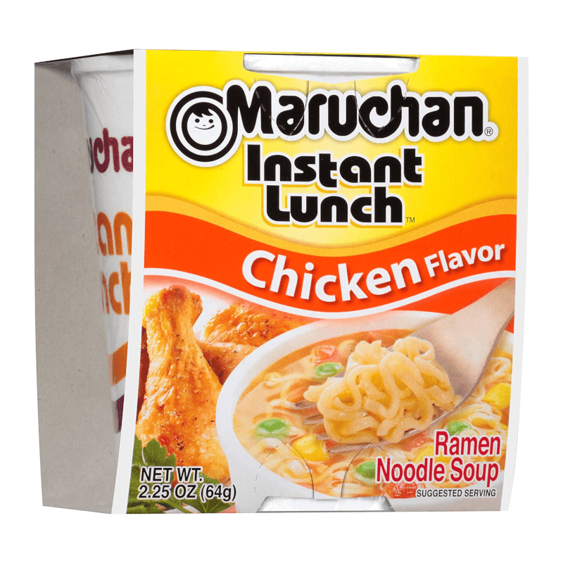 Front of Maruchan Chicken Flavour Instant Lunch Ramen Noodles cup showing logo, chicken flavour text, and image of noodles in soup (64g)