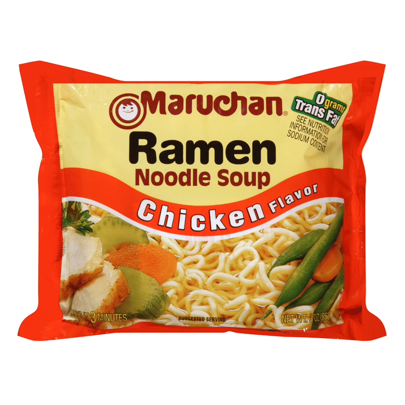 Front of Maruchan Chicken Flavour Ramen Noodles packet showing bright yellow and red design, logo, and chicken flavour text (85g pack)