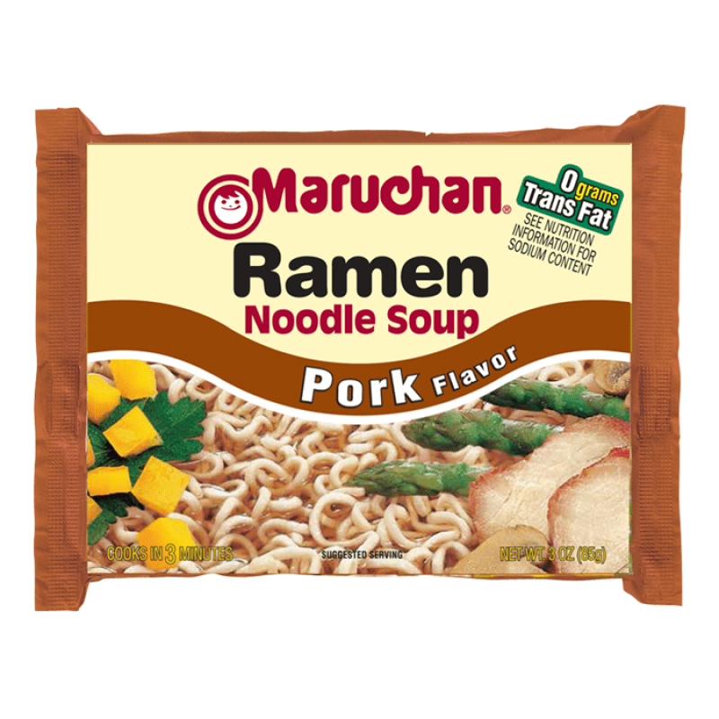Front of Maruchan Pork Flavour Ramen Noodles packet showing logo, noodle soup details, and pork flavour label (85g pack)