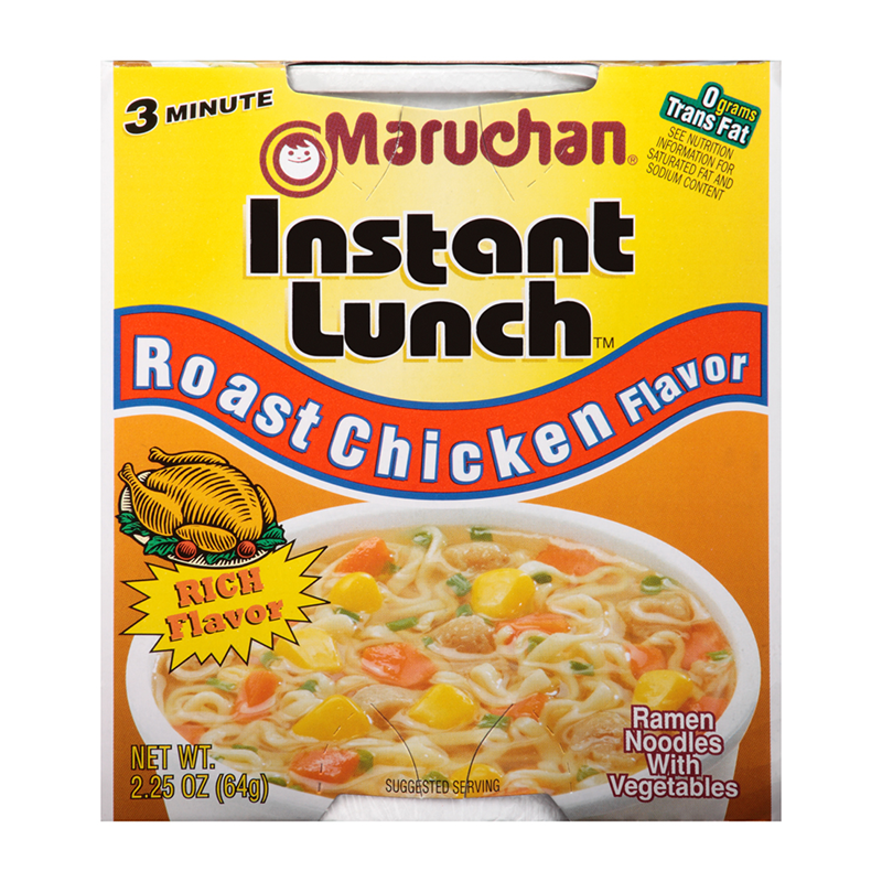 Front of Maruchan Roast Chicken Flavour Instant Lunch Ramen Noodles box showing logo, noodles with vegetables, and rich chicken flavour label (64g pack)