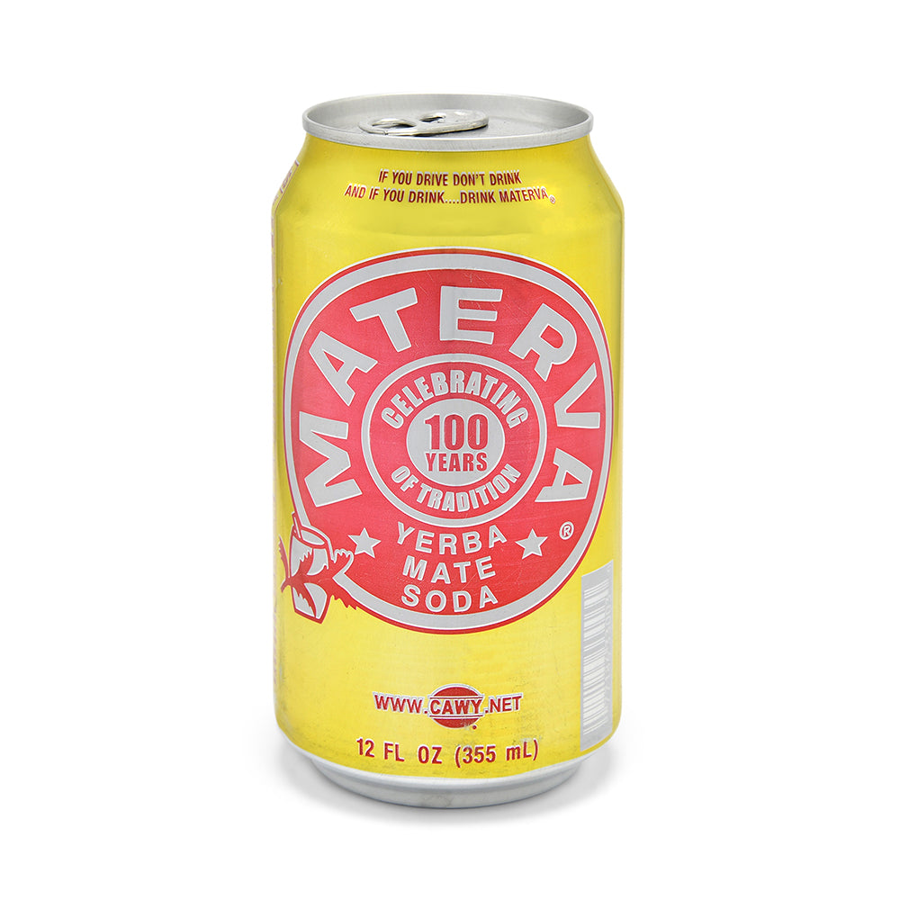 Front of Materva Yerba Mate Soda can showing bright yellow design, bold red logo, and yerba mate soda label (355ml)