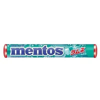 Front of Mentos Ramune Soda roll showing blue logo, bubbly ramune flavour design, and 37.5g pack size