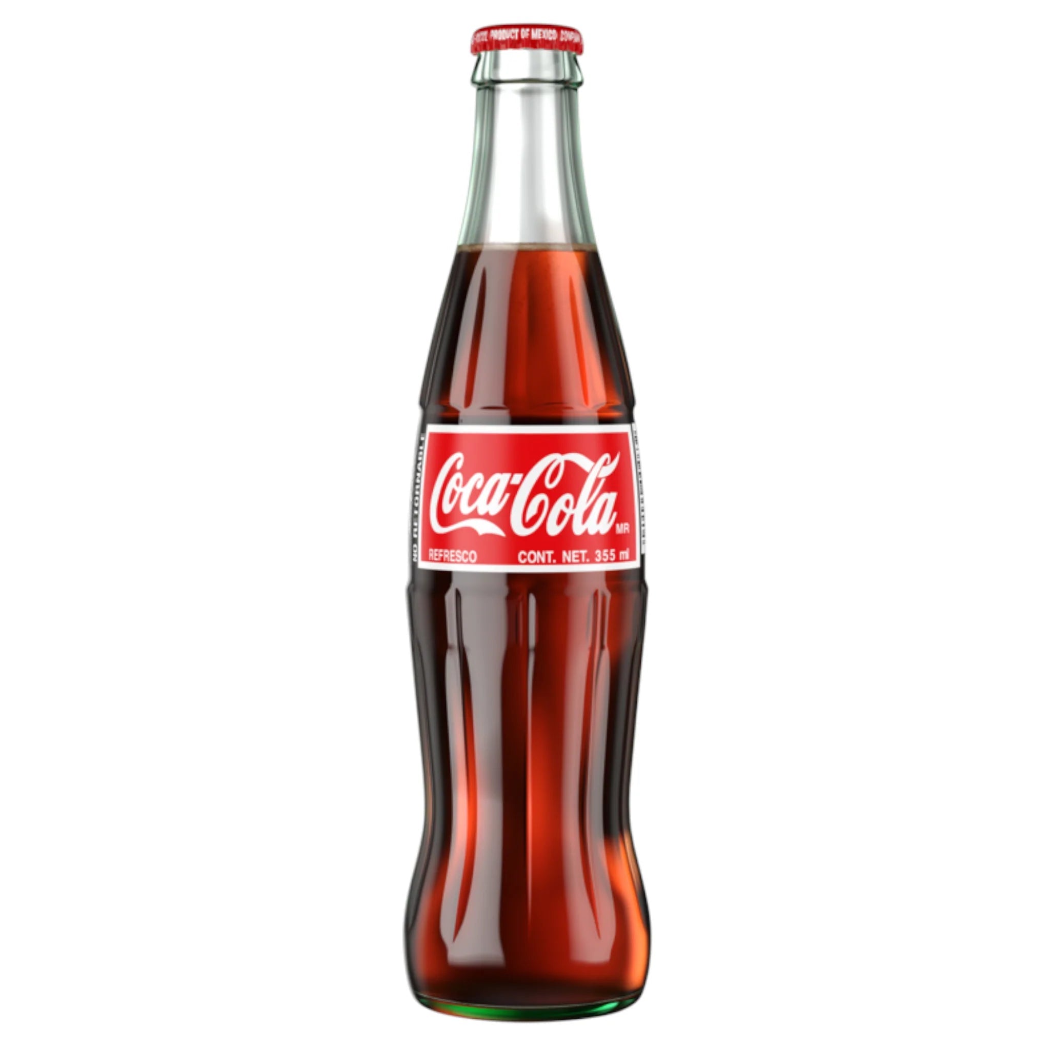 Front of Mexican Coca Cola 355ml bottle featuring the Coca Cola logo and vibrant red label with product details.