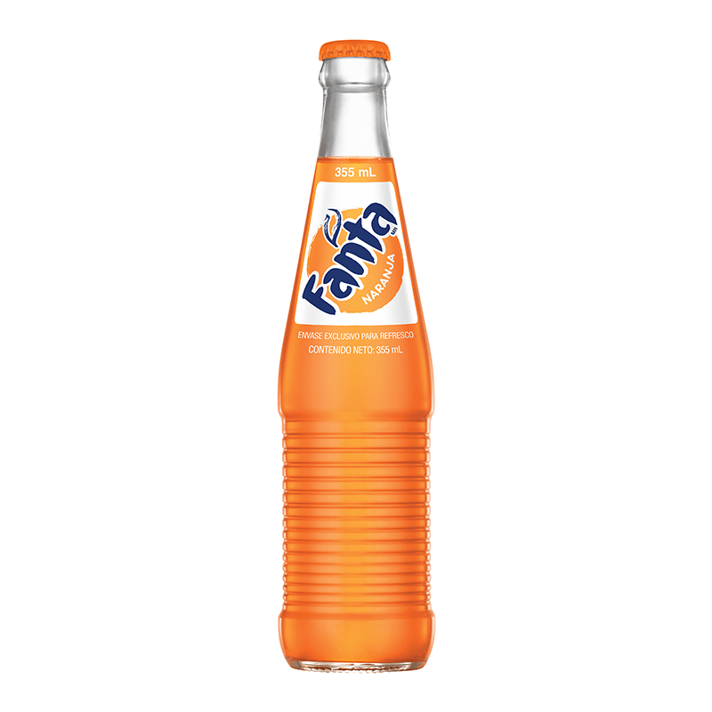 Front of Mexican Fanta Orange bottle featuring a bright orange label with brand logo and 355ml size indication.