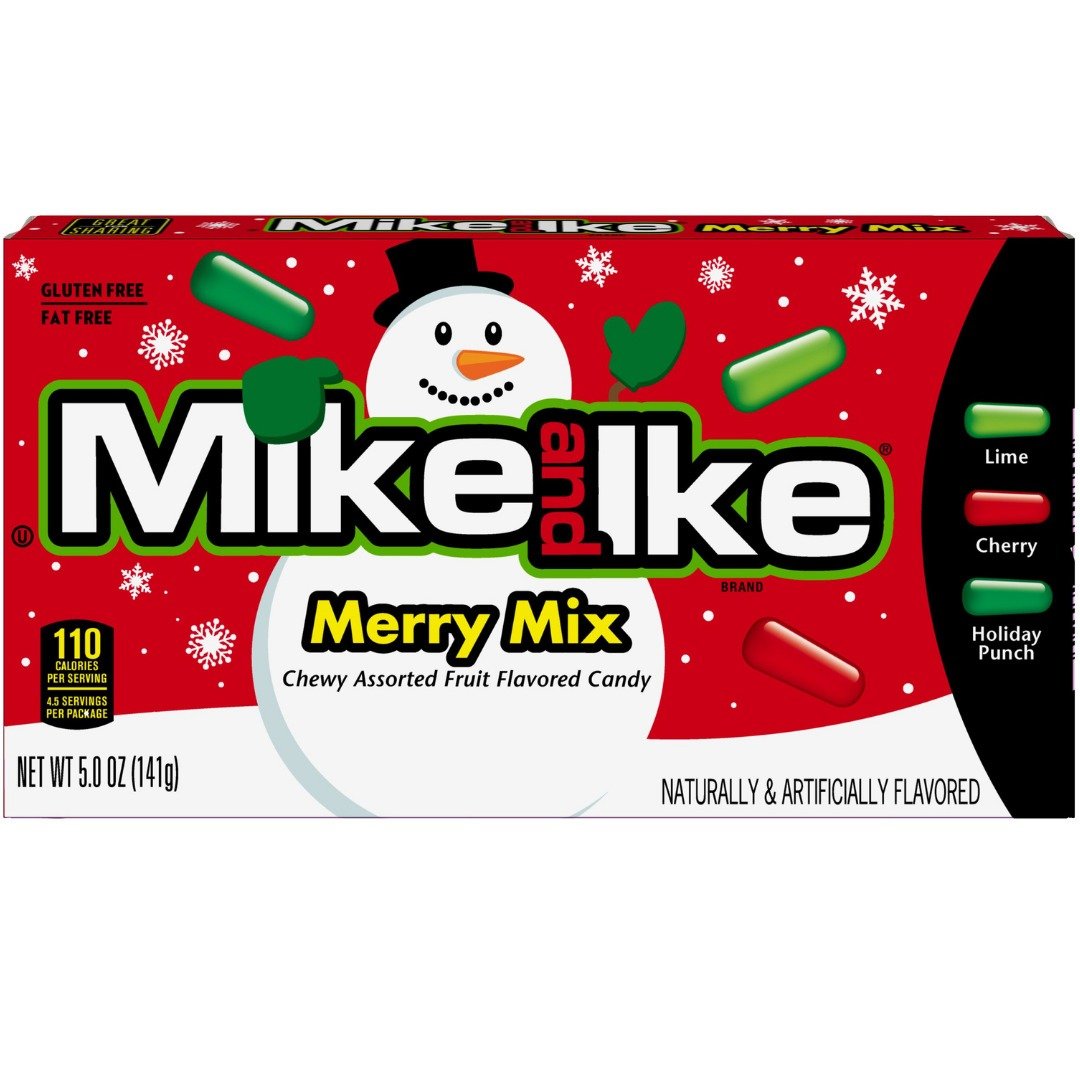 Front of Mike & Ike Merry Mix Theatre Box showing logo, assorted fruit flavours, and festive design with snowman (120g pack)
