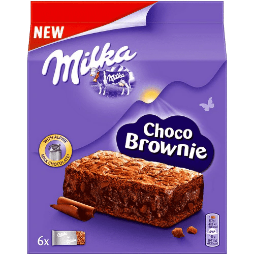 Front of Milka Choco Brownie pack featuring rich chocolate treat imagery, Milka branding, and product name with 150g weight indication.
