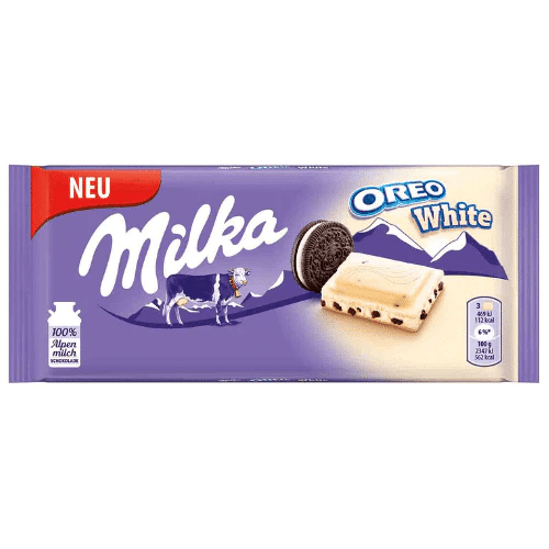 Front of Milka Oreo White chocolate bar package showing the Milka logo, Oreo cookie pieces, and 100g size.