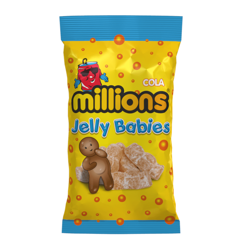 Front of Millions Cola Babies bag featuring a bright yellow background, cola flavour text, and a playful jelly baby character (180g pack)
