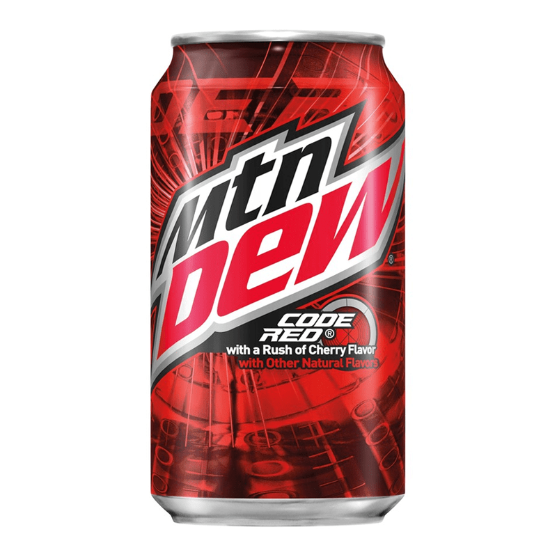 Front of Mountain Dew Code Red can featuring bold logo, red design, and text describing the cherry flavour (355ml)