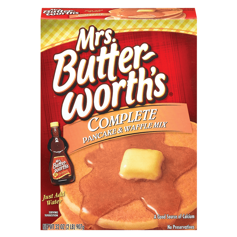Front of Mrs Butterworth Original Complete Pancake and Waffle Mix box showing logo, pancake and butter image, and pack size (907g)