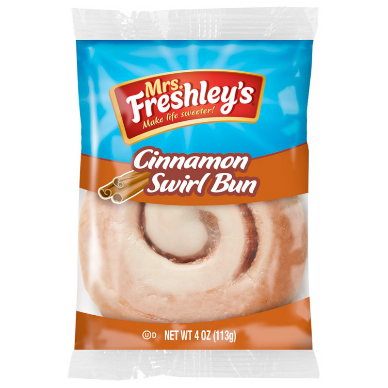 Front of Mrs Freshley's Cinnamon Swirl Bun packaging showing logo and delicious-looking cinnamon bun (113g pack)