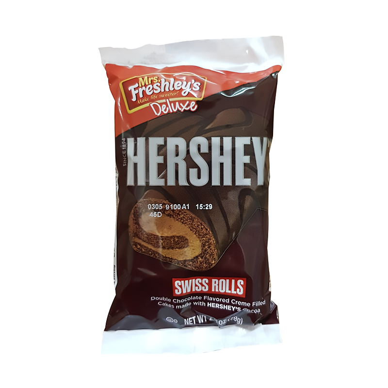 Front of Mrs Freshley's Deluxe Hershey's Double Chocolate Swiss Rolls bag featuring a chocolatey design, product title, and description (79g pack)
