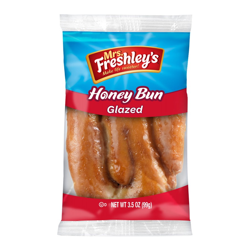 Front of Mrs Freshley's Glazed Honey Bun package showing the logo, glazed honey bun, and 99g weight.