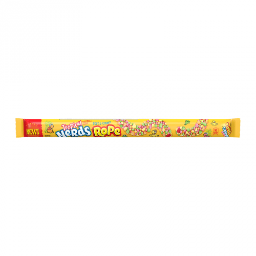 Front of Nerds Tropical Rope packaging showing bright yellow background, colourful candy pieces, and product name with 26g size