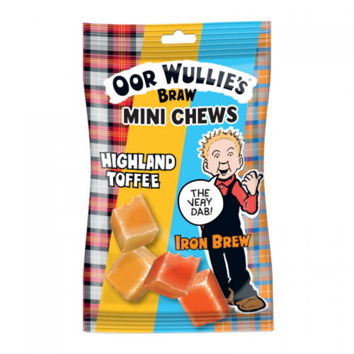 Front of Oor Wullie Highland Toffee & Iron Brew Mini Chews bag featuring Highland Toffee and Iron Brew design with pack size of 147g