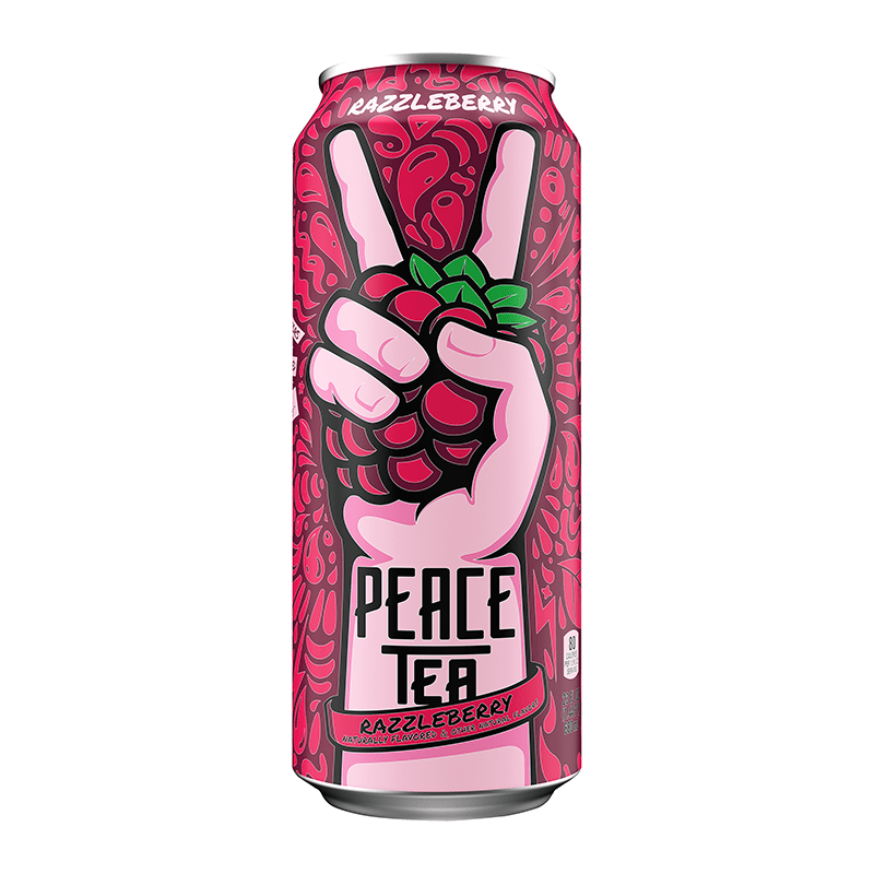 Front of Peace Tea Razzleberry can showcasing bold pink design, raspberry graphics, and the product name (695ml)