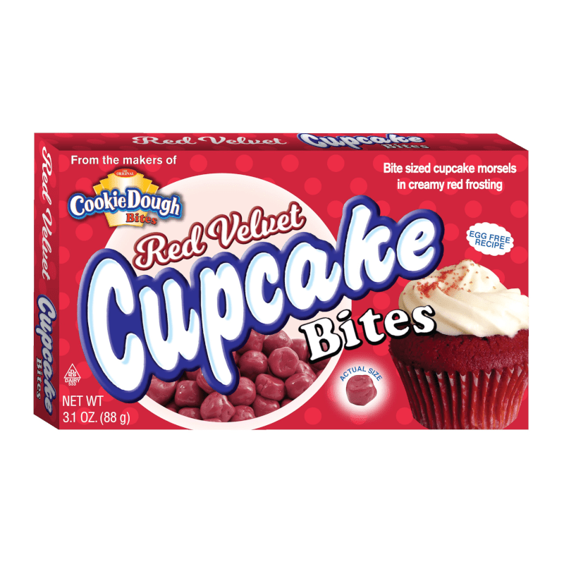 Front of Red Velvet Cupcake Bites Theatre Box showing red velvet cupcake morsels and creamy frosting (88g pack)