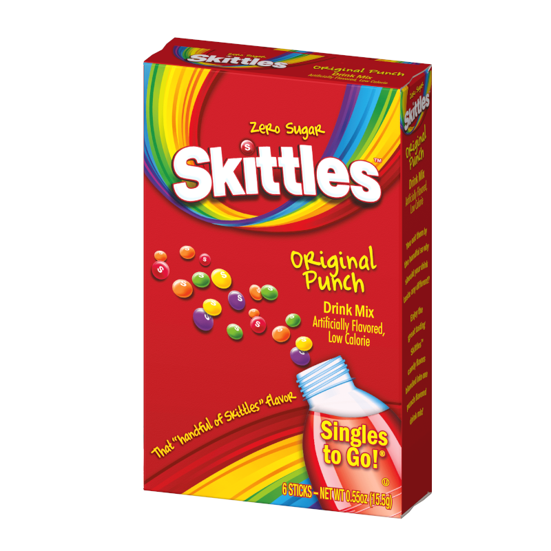 Front of Skittles Singles to Go Original Punch drink mix box showing brand logo, flavour name, and pack size (15.5g)