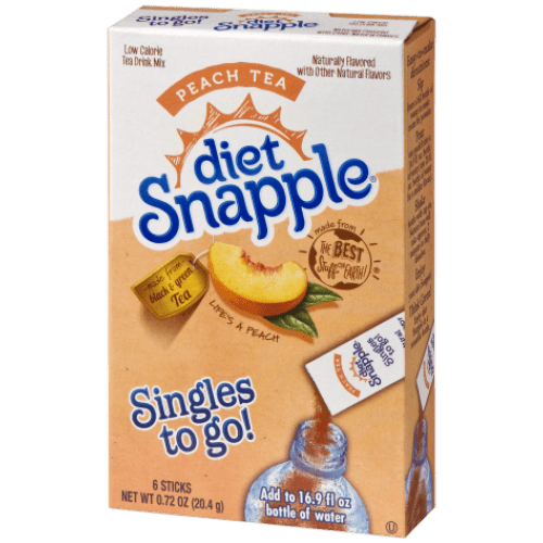 Front of Snapple Peach Tea Singles To Go box showing peach flavour drink mix, logo, and details for 20.4g pack with 6 sticks