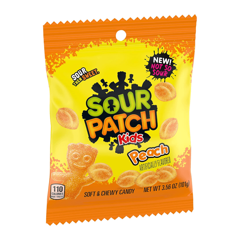 Front of Sour Patch Kids Peach bag showing bright yellow packaging, logo, and images of peach-flavoured candy pieces (102g pack)