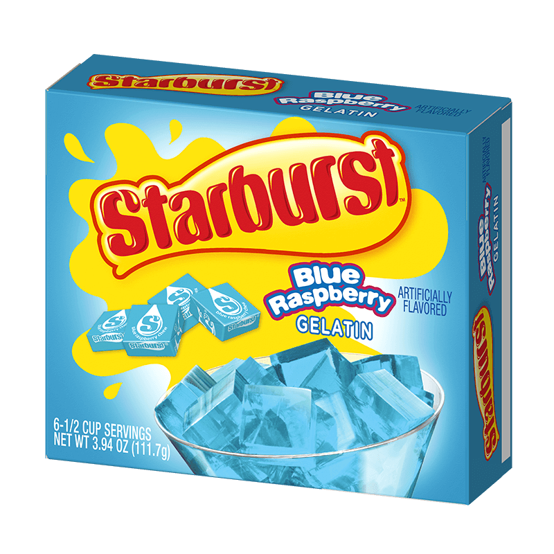 Front of Starburst Blue Raspberry Jelly Gelatin box showing bright blue packaging with the Starburst logo and gelatin cubes (111.7g pack)