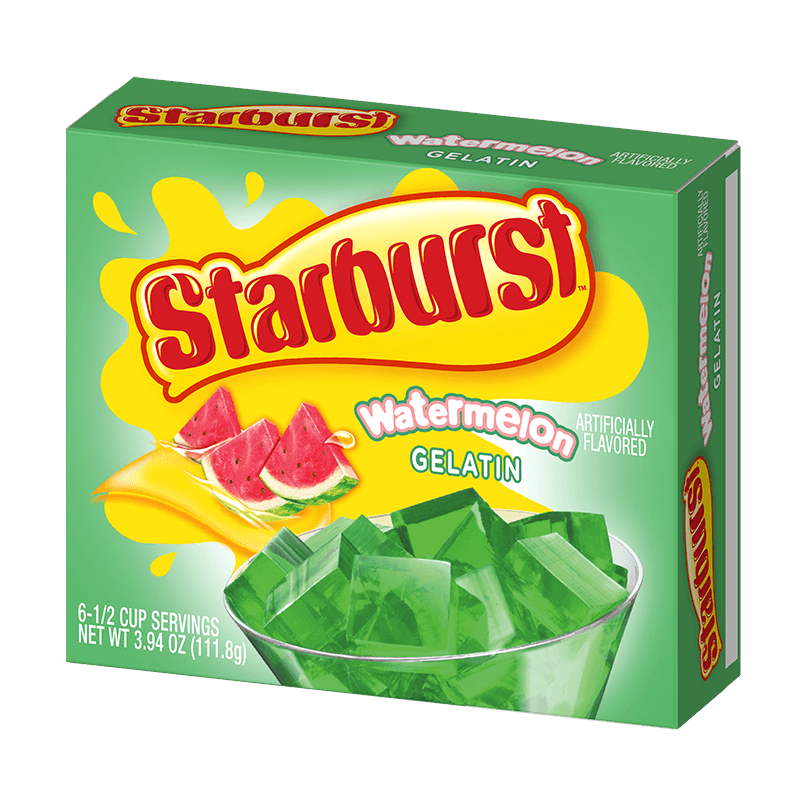 Front of Starburst Watermelon Jelly Gelatin box showing vibrant watermelon design, green gelatin cubes, and packaging details (111.8g).