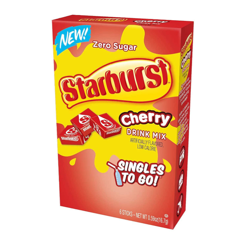 Front of Starburst Cherry Singles to Go box featuring the logo, bright cherry drink mix packaging, and the 6 sticks pack size (16.7g)