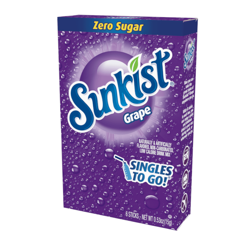 Front of Sunkist Grape Singles to Go box featuring the Sunkist logo, grape flavour label, and 6 stick packs for on-the-go hydration (16.5g)