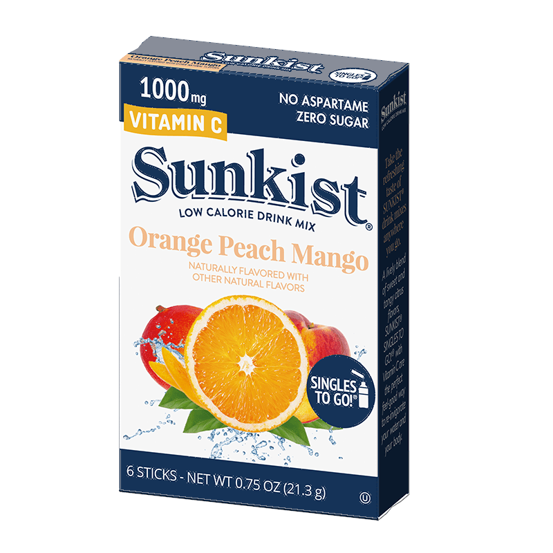 Front of Sunkist Singles To Go Orange Peach Mango box showing brand logo, flavour description, and pack size (21.3g)