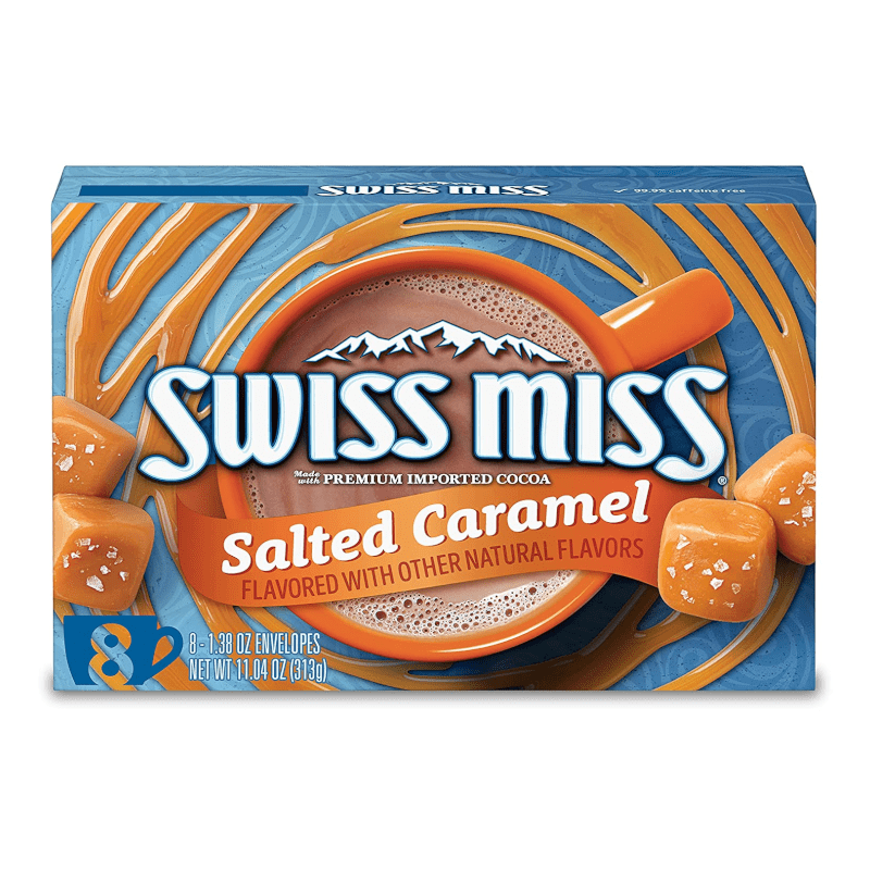 Front of Swiss Miss Salted Caramel Hot Cocoa Mix box showing the brand logo, salted caramel flavour, and 313g pack details