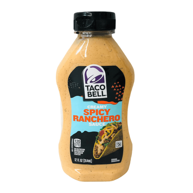 Front of Taco Bell Creamy Spicy Ranchero Sauce bottle showing logo, creamy sauce, and serving suggestion with taco (354ml pack)