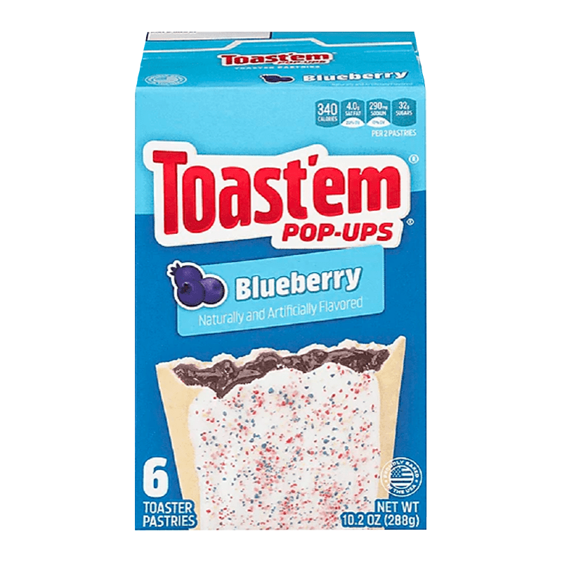 Front of Toast'em Pop Ups Frosted Blueberry Toaster Pastries box showing the brand logo, blueberry flavour label, and pack size (288g)