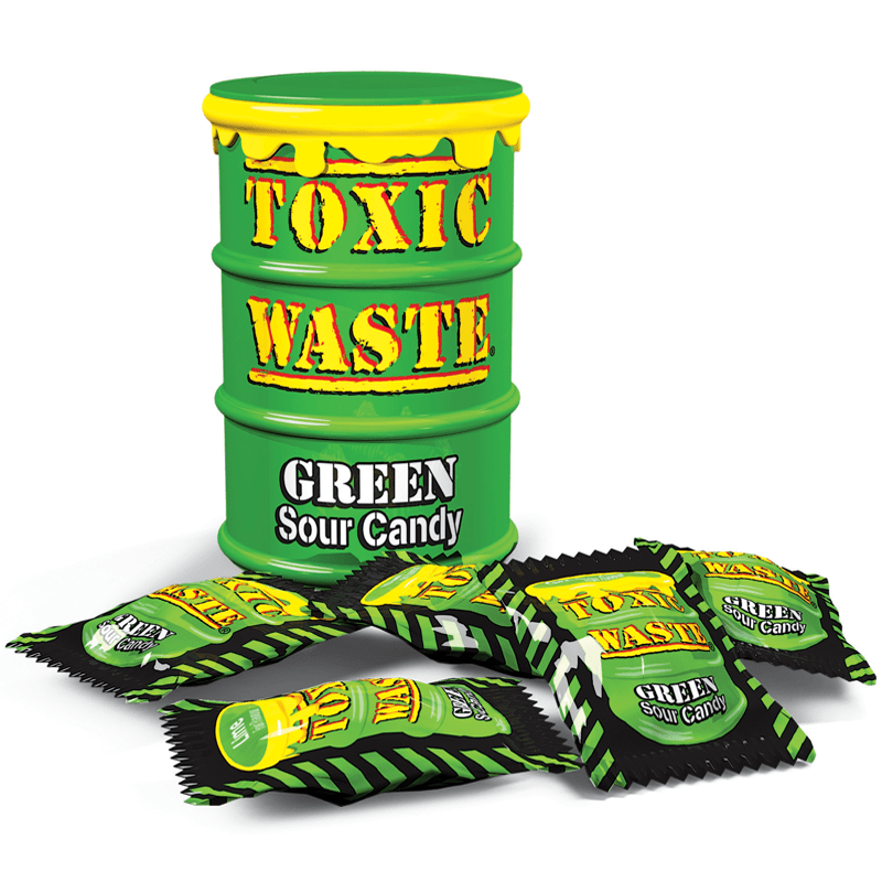 Front of Toxic Waste Green Drum Extreme Sour Candy packaging displaying the vibrant green drum with the logo and label details (42g pack)