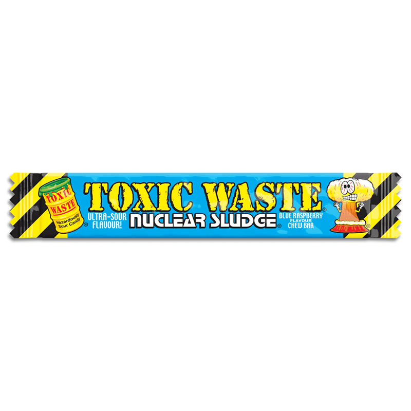 Front of Toxic Waste Nuclear Sludge Chew Bar showing bright blue packaging with ultra-sour flavour label, featuring a blue raspberry design (20g)