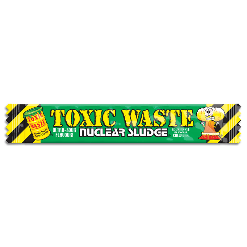 Front of Toxic Waste Nuclear Sludge Chew Bar showing bright green packaging, ultra-sour flavour label, and cartoon character (20g pack)