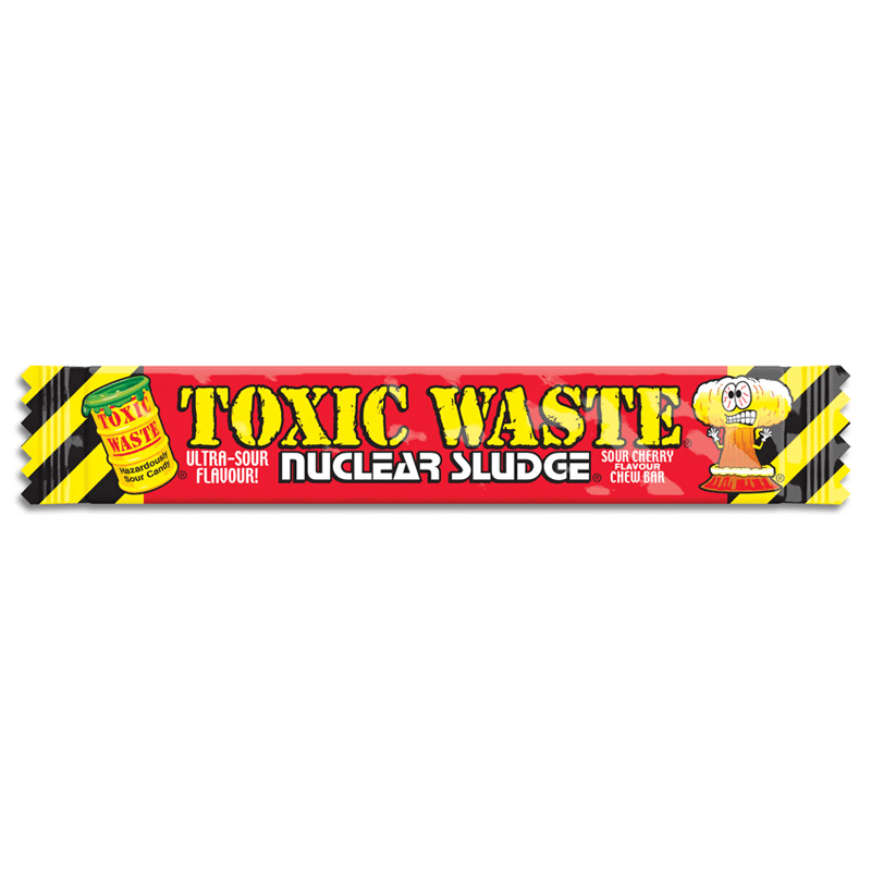 Front of Toxic Waste Nuclear Sludge Chew Bar featuring bright red colours, sour cherry flavour label, and fun graphics (20g)