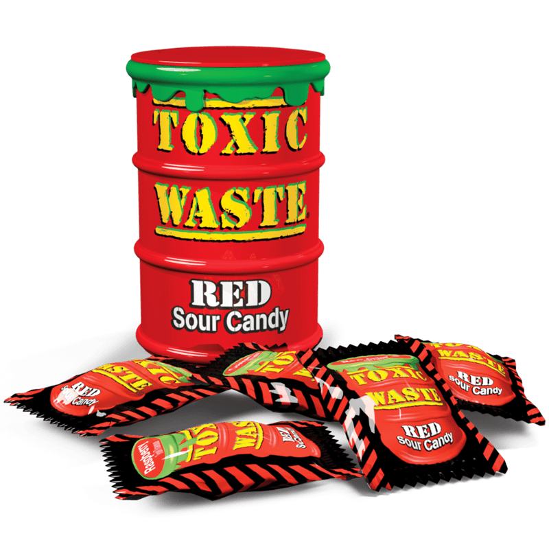 Front of Toxic Waste Red Drum showing logo, red drum packaging, and individually wrapped sour candy pieces (42g)
