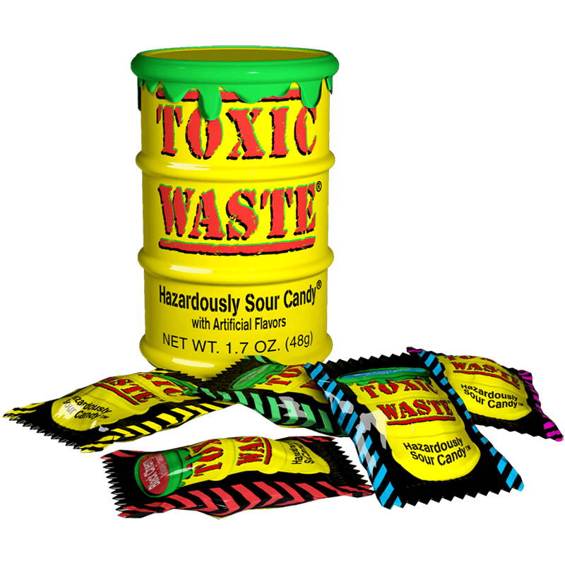 Front of Toxic Waste Yellow Drum Extreme Sour Candy pack showing bright yellow drum with red text and hazard warning, 42g pack