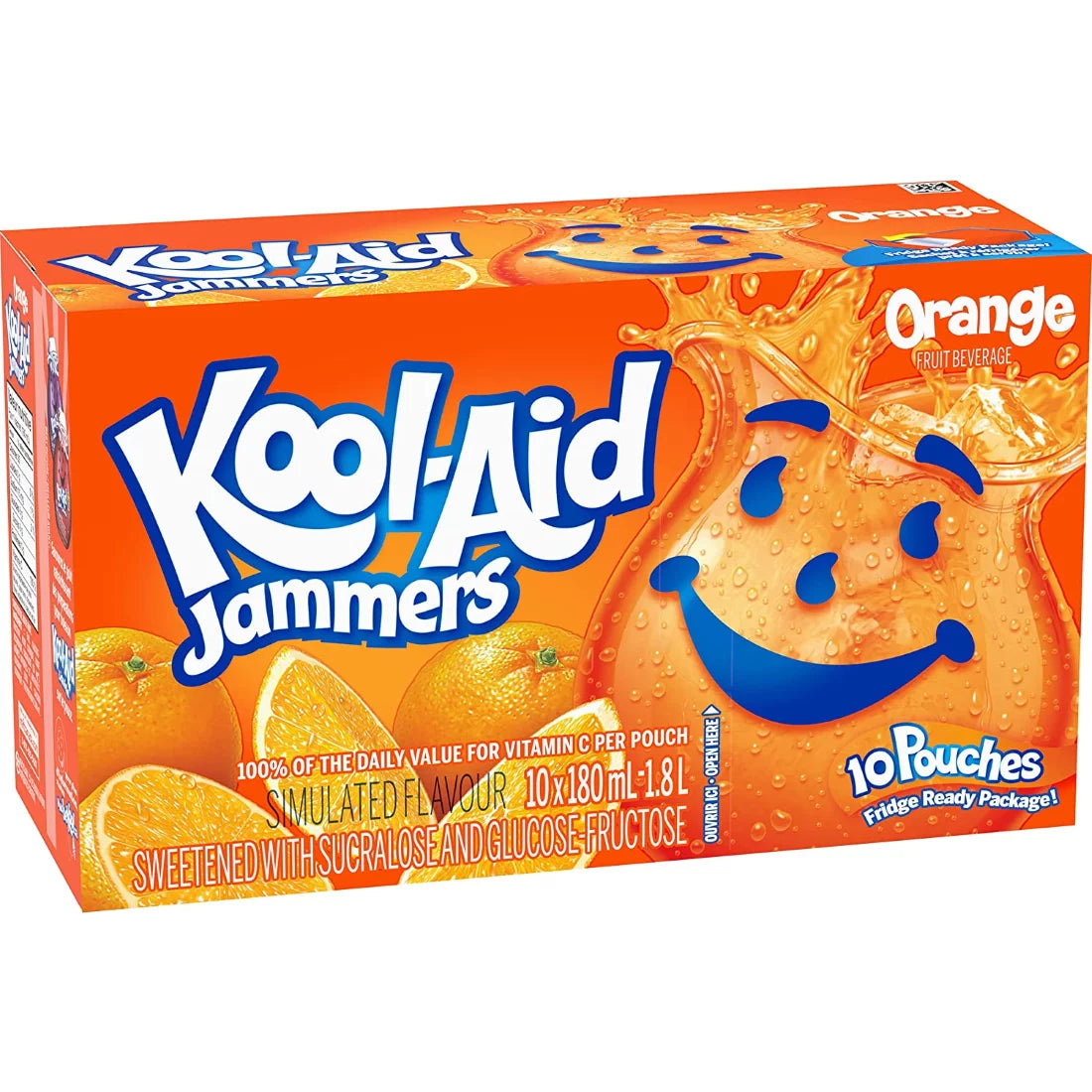 Front of Kool Aid Jammers Orange case showing bright orange packaging, logo, and depiction of orange slices, 10 pouches (10 x 177ml)