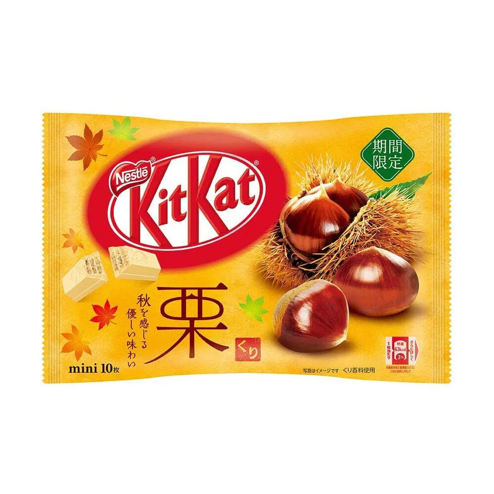 Front of Kit Kat Mini Chestnut bag showing the logo, chestnut illustrations, and autumn-themed design (116g pack)