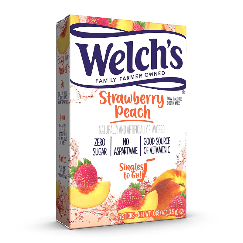 Front of Welch's Strawberry Peach Singles To Go box showing vibrant logo, strawberry and peach images, and 6 stick packets (28g total)