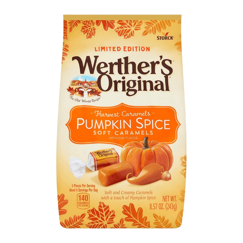 Front of Werther's Original Pumpkin Spice Soft Caramels bag showing logo, pumpkin spice flavour label, and image of soft caramels (243g pack)