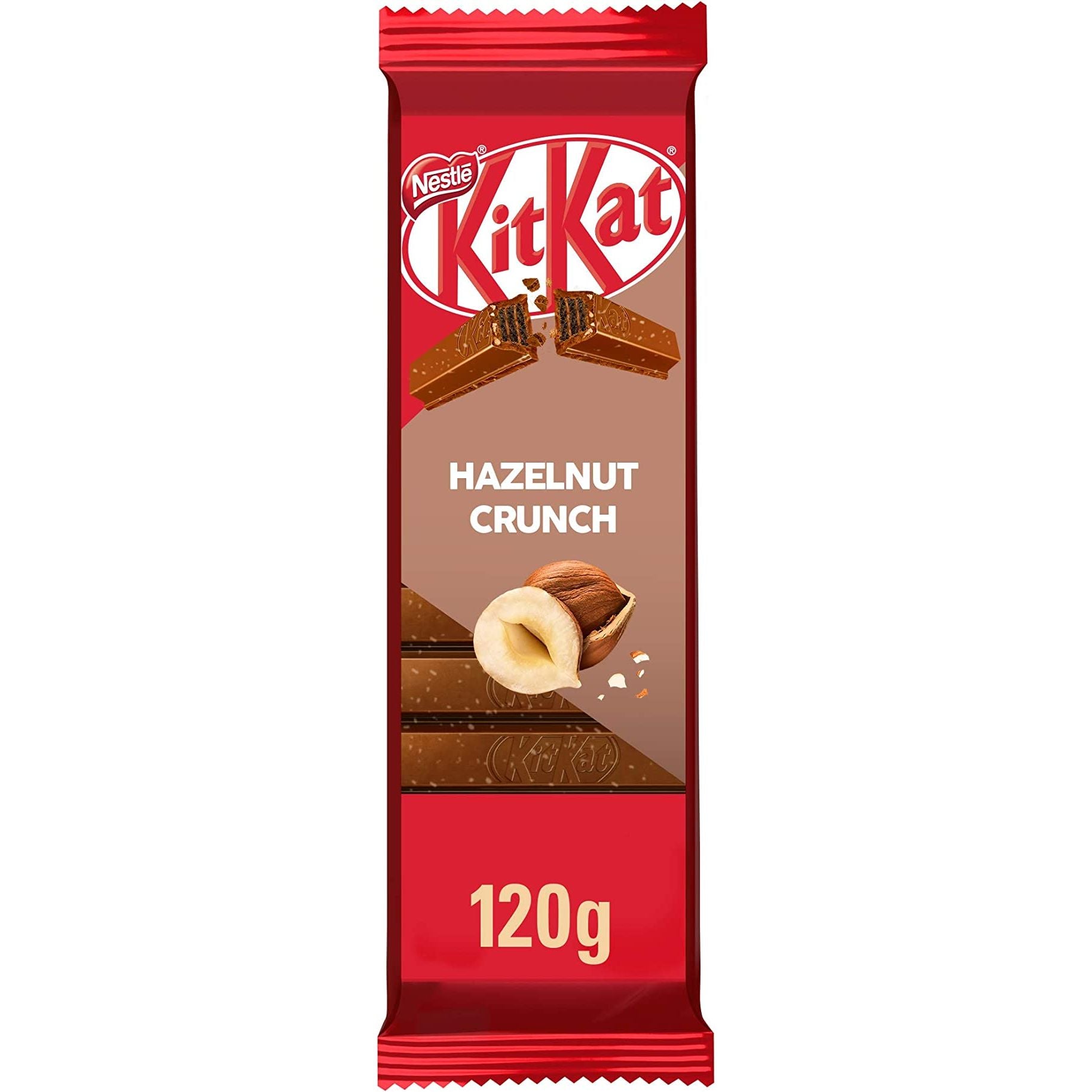 Front of Kit Kat Hazelnut Crunch bar featuring the logo, hazelnut crunch flavour label, and pack size (120g)